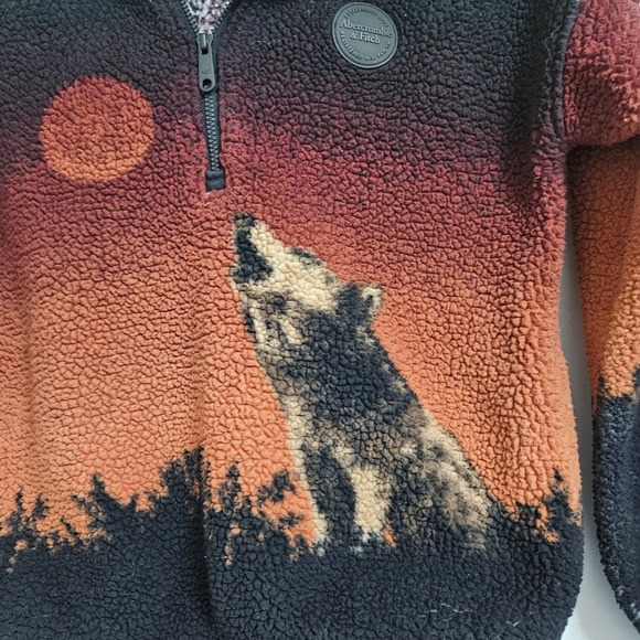 Abercrombie Kids Hoodie 7/8 Black Sunset Howling Wolf Sherpa Quarter Zip Fleece - Picture 5 of 9